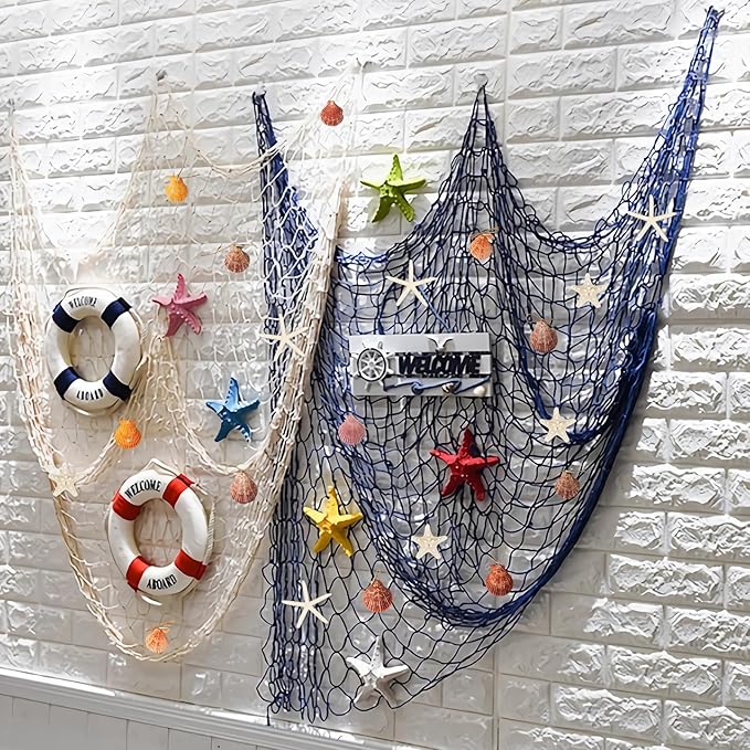 Fangoo 79x39 Inch Nautical Fishing Net Wall Decorations for Under the Sea Party with Shells and Starfish Crafts Bathroom Ceiling Table Decor for Beach Ocean Pirate Wedding Themed Party (beige)