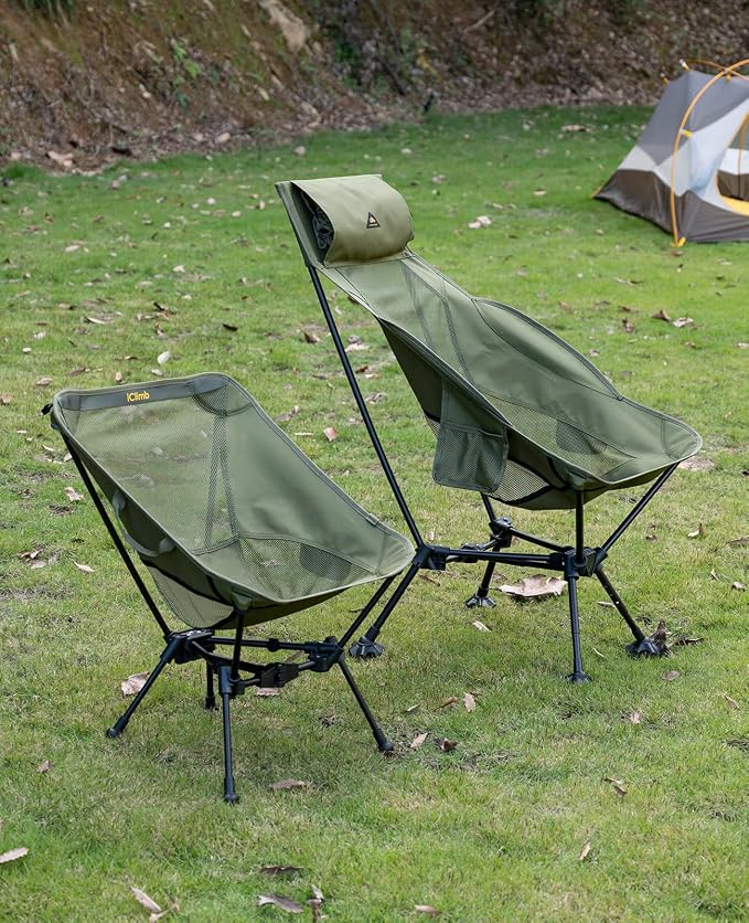 iClimb Ultralight Compact Camping Folding Beach Chair with Anti-Sinking Large Feet (Black - Triangular Frame High Back)