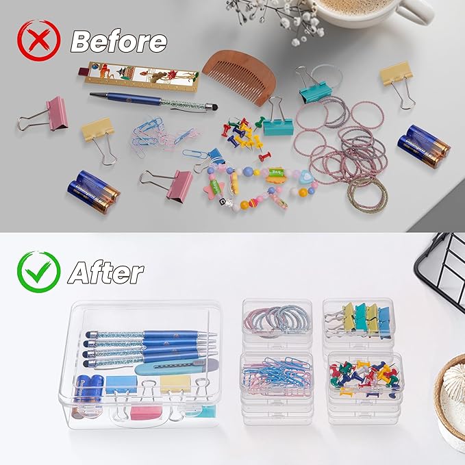 zoeynex Small Bead Organizers and Storage, 12 Clear Plastic Boxes with Hinged Lids, for Beads, Jewelry Making, Crafts, Hardware, Fishing Tackle, Small Parts (32 Labels)