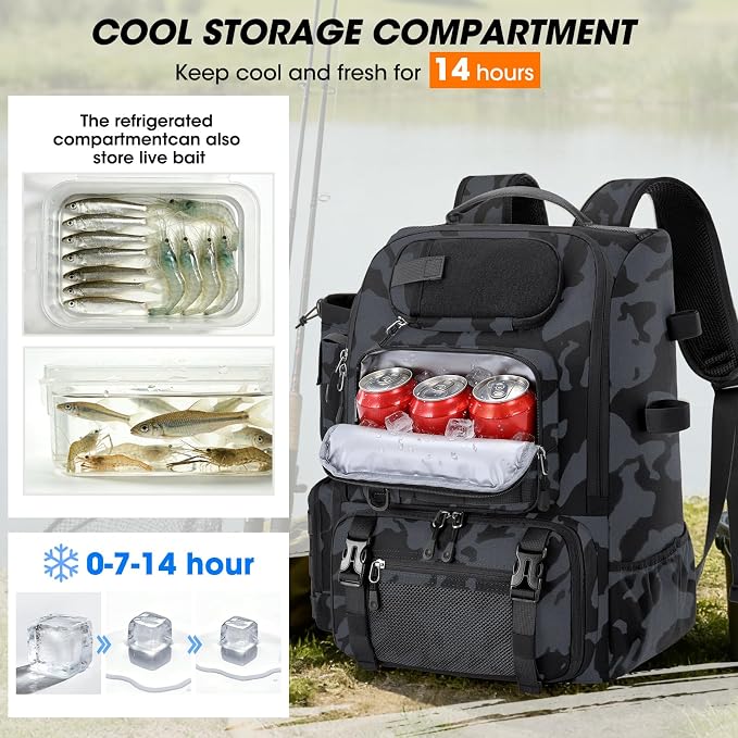 RAINSMORE Fishing Backpack with Rod Holders & Cooler 40L Water Resistant Tackle Backpack with Rain Cover Store Fishing Gear
