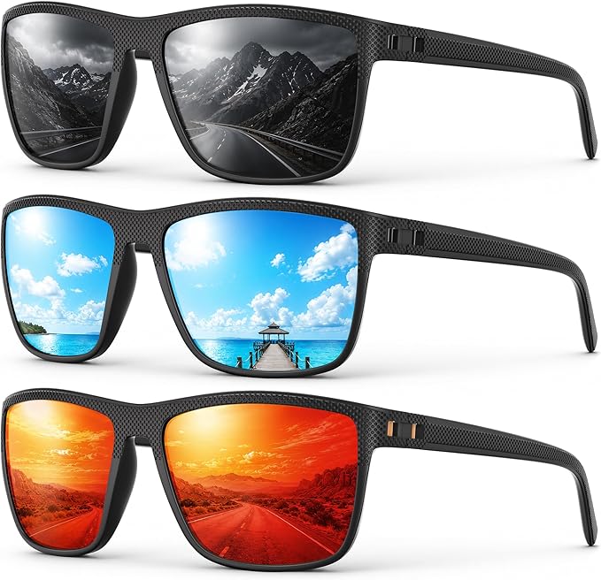 Fanshen Square Polarized Sunglasses for Men, 3 Pack Lightweight UV Protection Sun Glasses for Driving Fishing Golf