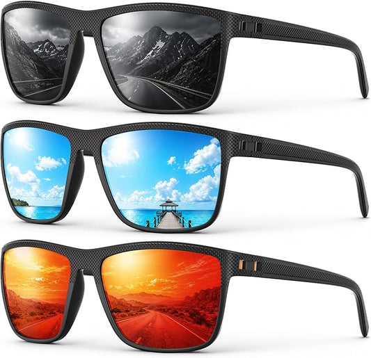 Fanshen Square Polarized Sunglasses for Men, 3 Pack Lightweight UV Protection Sun Glasses for Driving Fishing Golf