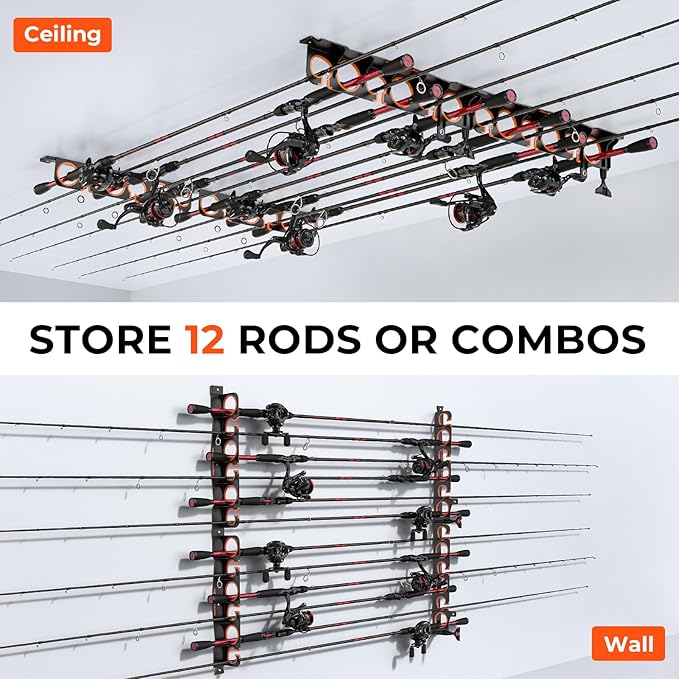 KastKing SafeGuard LS Horizontal Fishing Rod Rack with Line Spooler – Wall or Ceiling Mount, Holds 12 Rods & Combos, No-Twist Fishing Rod Holder with Spooler & Cutter (Spinning & Baitcasting)