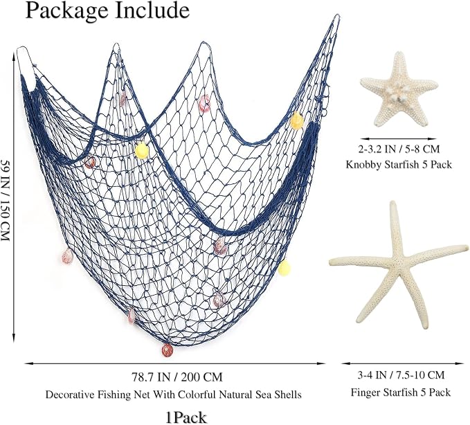 79 x 59 inch Nature Fish Net Wall Decoration with Colorful Sea Shells and 10 Pcs Natural Starfish Ocean Themed Mediterranean Style Fishing Net for Beach Party,Wedding,photography Wall Decoration