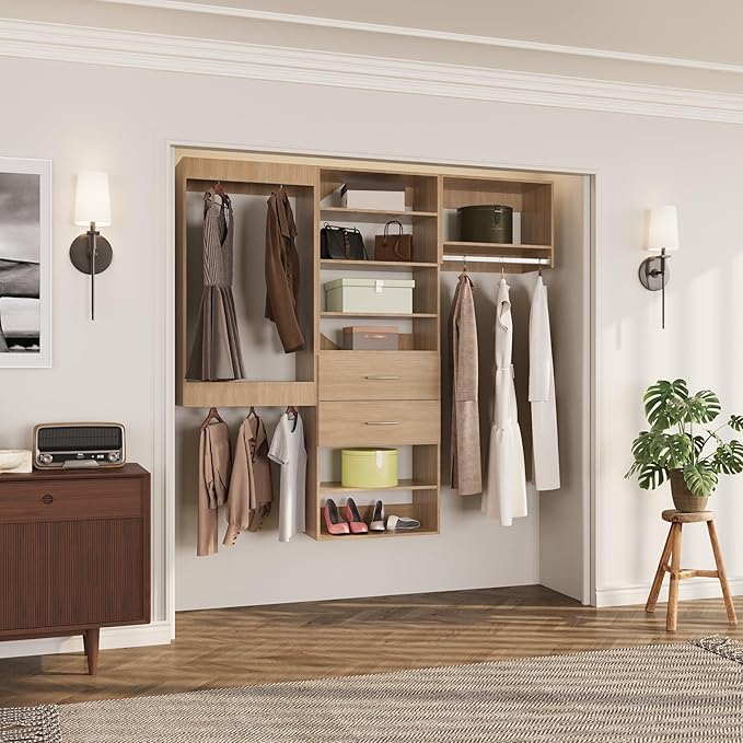 ROOMTEC Modular Closet System, 72" Wall Mounted Modern Closet Organizer with Hanging Rods and Drawers, Wooden Tower for Walk-In Closets, Wardrobe Storage Kit, Wood