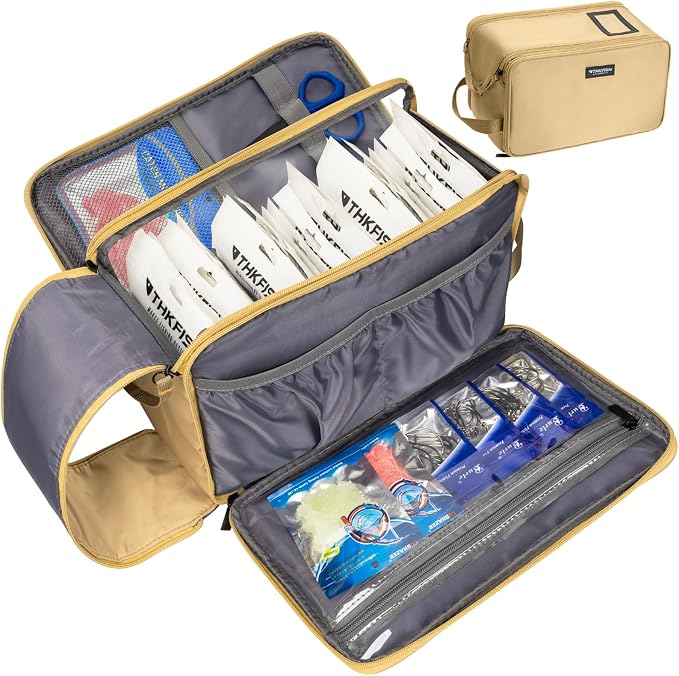 THKFISH Fishing Soft Plastic Bait Storage, Water-Resistant Extra-Large Clear Sleeves Tackle Bait Bag Storage For Lure Hooks, Sinkers & Fishing Accessories (Khaki)
