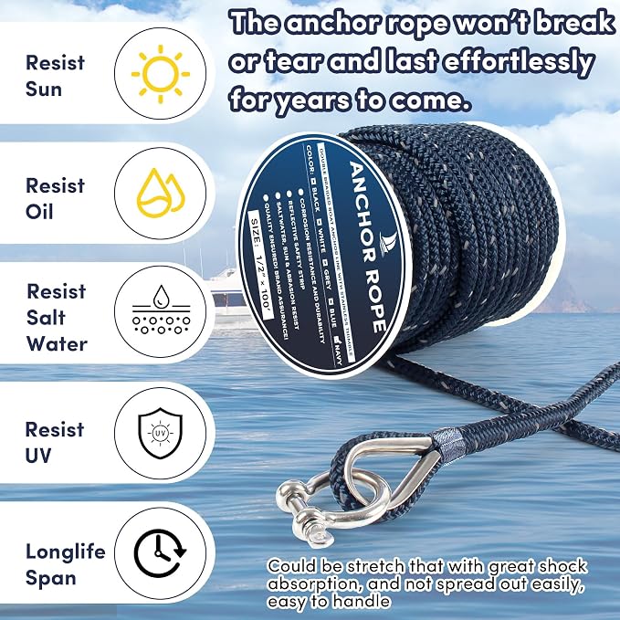 Anchor Rope 100 ft x 1/2 inch Navy Blue, Double Braided Anchor Line with Stainless Steel Thimble & Shackle, Boat Rope with Reflective Strip Ideal for Towing,Mooring,Anchoring,for Boat Up to 35'