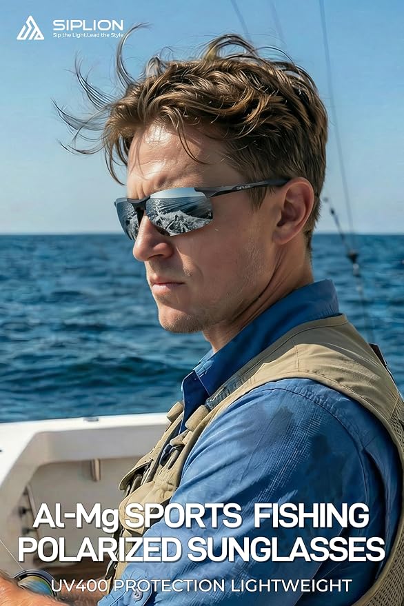 SIPLION Polarized Sunglasses Men Sports: UV Protection Ultra Light Al-Mg Metal Frame Ideal For Driving Fishing Running Golf