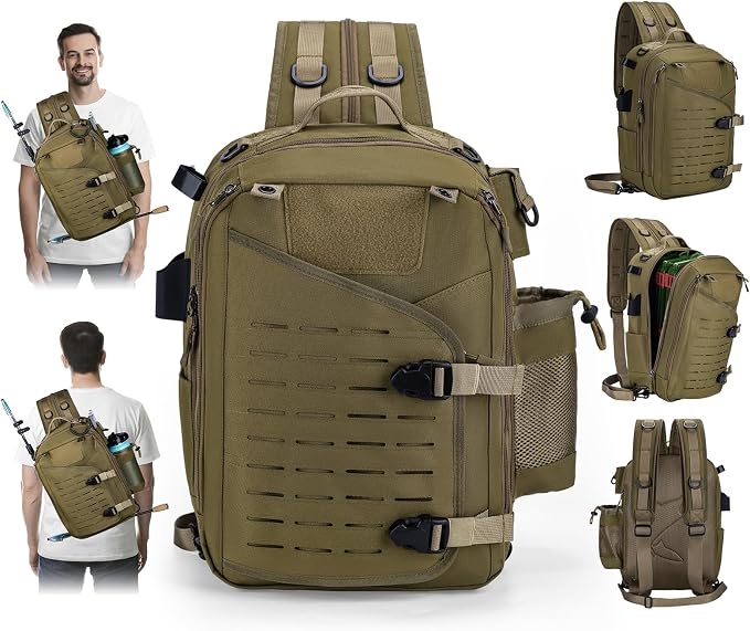 Goture Khaki Tackle Bag with Trays Rod Holder 900D Durable Fishing Tackle Storage Bag for Kayak, Shore Fishing