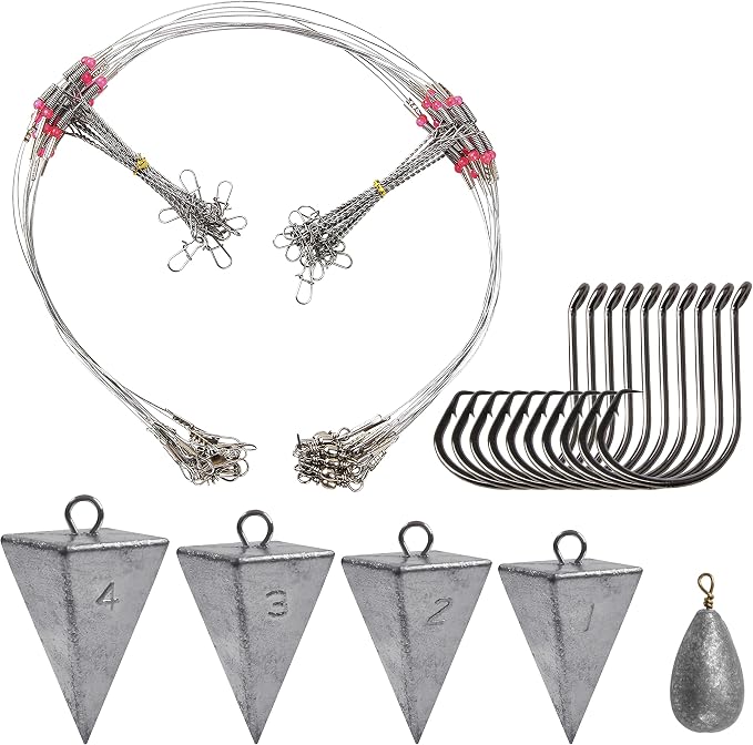Saltwater Surf Fishing Tackle Kit - Saltwater Surf Fishing Rigs Bottom Rigs Include Fishing Leader Rigs Pyramid Sinkers Bass Casting Sinker Circle Hooks for Striped Bass Red Drum Flounder