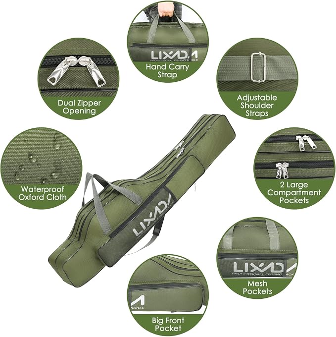 Lixada Fishing Rod Case, Portable Folding Fishing Rod Case Fishing Pole Reel Storage Bag Fishing Gears Organizer