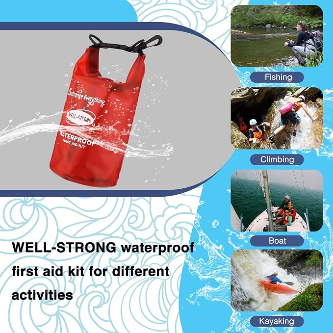 Emergency First Aid Kit for Boating, Fishing & Kayaking – Waterproof Medical Supplies with Roll Top Design, 2L Capacity, Transparent Red