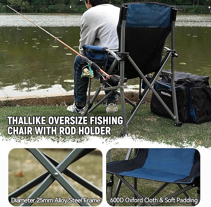 Fishing Chair with Upgraded 360° Adjustable Rod Holder, Folding Ice Fishing Chairs for Adults, Portable Camping Chair with Side Pocket Cup Holder for Outdoor Sports Garden Beach Lawn Picnic