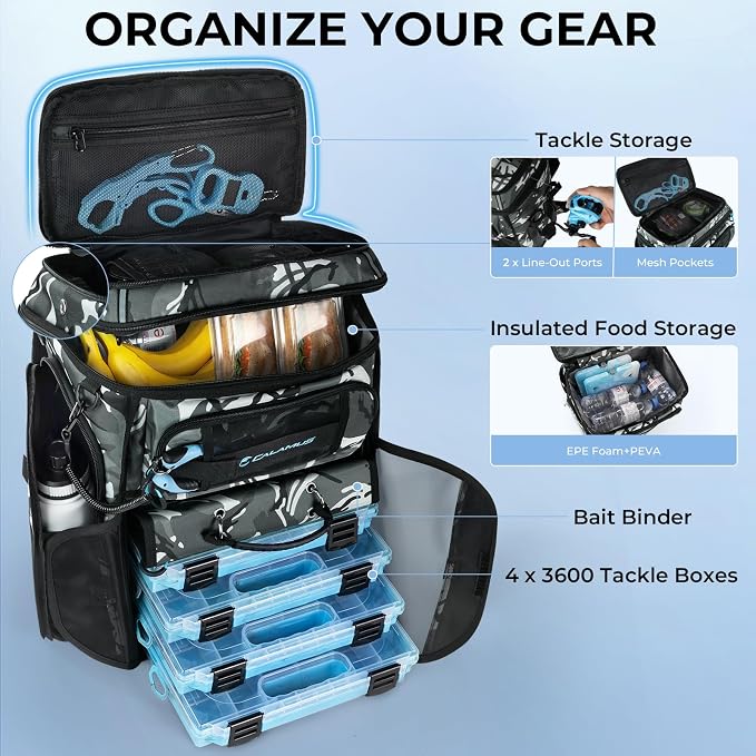 Calamus GearMaster Tackle Backpack with Bait Binder, Large Lightweight Water-Resistant Fishing Bag, Rod Holders, Food Storage