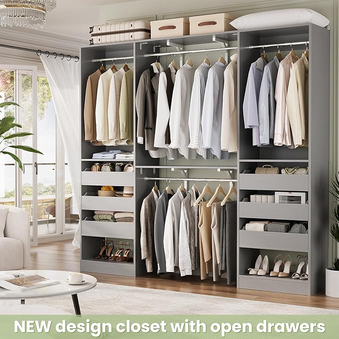 60" Wide x 80" Tall Closet System with 3 Half-Open Wooden Drawers, 5FT Closet Organizer System with 2 Hanging Rods & Removable Tower, Freestanding Wardrobe Organizer for Walk-in Bedroom, Grey