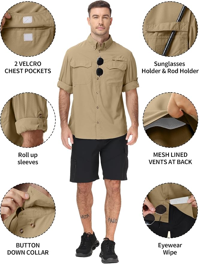 Roadbox Men's Sun Protection Fishing Shirt, Long Sleeve Cool Dry Lightweight UPF 50+ Shirts for Hiking Safari Camping Travel