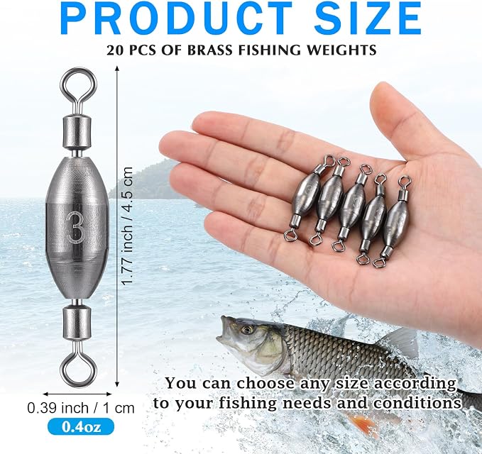 Seenelling 20 Pcs Brass Fishing Sinker Swivel Fishing Weights Saltwater Bullet Sinkers Drop Shot Weight Egg Sinkers with Swivel Rolling Removable Freshwater