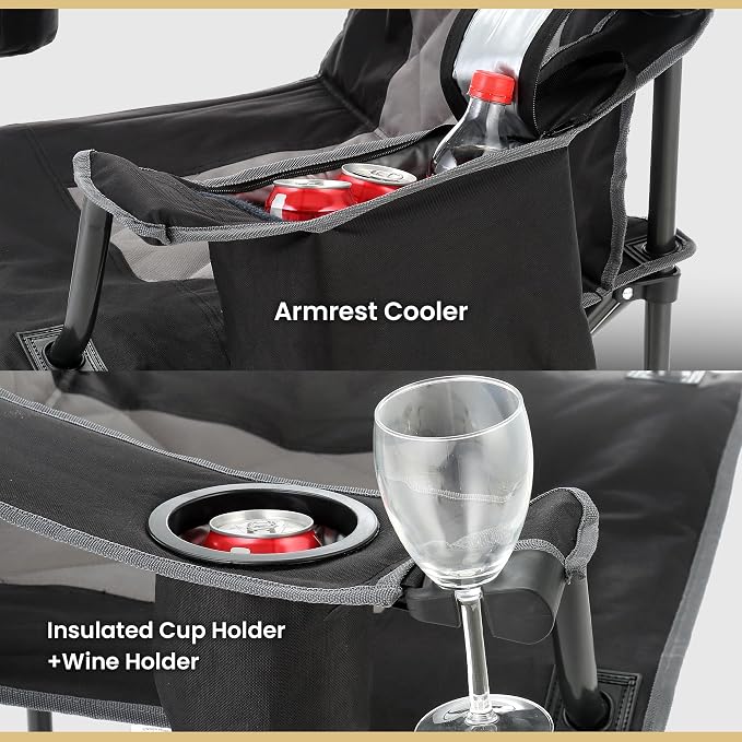 ARROWHEAD OUTDOOR Portable Deluxe Folding Camp Quad Chair w/Headrest, Glass & Cup Holders, Armest 6-can Cooler, Heavy Duty Carry Bag, 550 lbs Weight Capacity