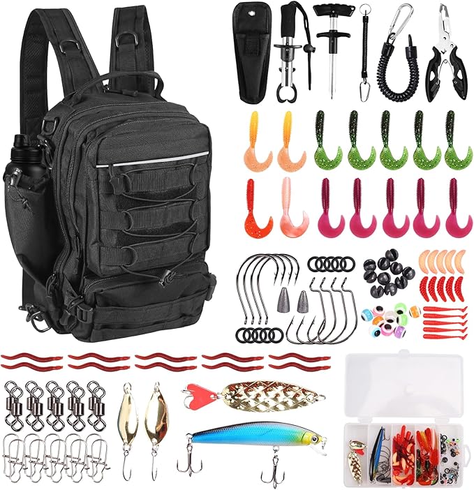 117Pcs Fishing Backpack with Tackle Boxes, Waterproof Fishing Tool Kit with Pliers, Fish Hook Remover, Lip Gripper Ideal Gift for Boys, Grandsons, Husband