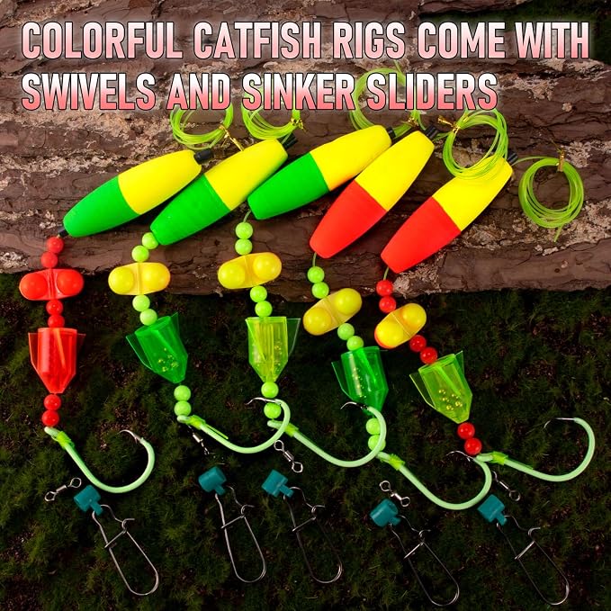 Alwonder 5-Pack Catfish Bait Float Rigs Kit, Ready Cat Fish Rig with Catfish Rattles Peg Floats Beads Circle Hooks 6/0 8/0 10/0, Catfishing Tackle Equipment Rattle Floater Bobbers Cat Fishing Gear