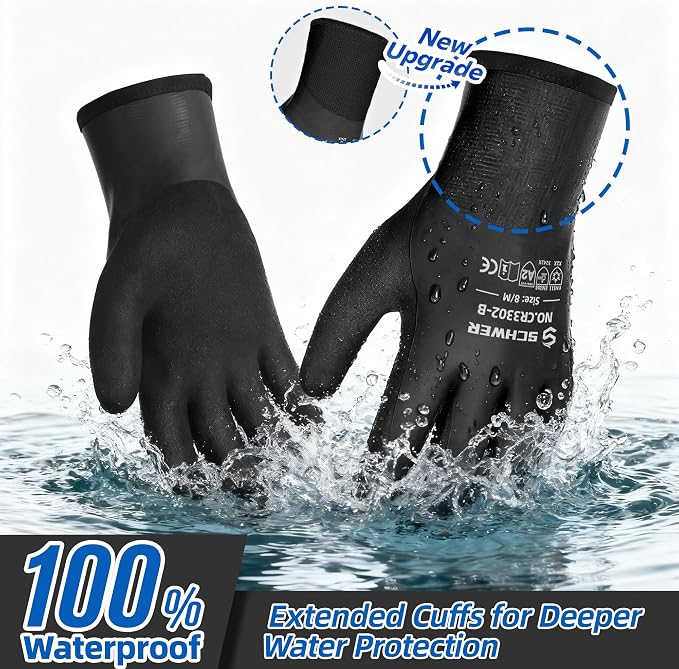 Schwer 2 Pairs 100% Waterproof Winter Work Gloves, ANSI A2 Cut Resistant Freezer Gloves for Outdoor Cold Weather Keep Hands Warm, Thermal Insulated Gloves for Shoveling Snow, Ice Fishing, XXL