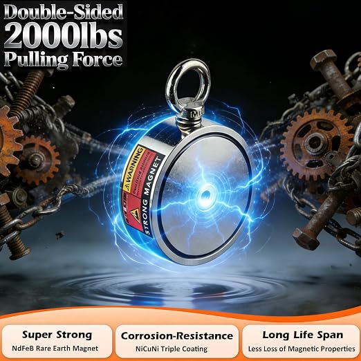 MUTUACTOR Fishing Magnet Kit Heavy Duty, Super Strong 2000lbs Double Sided Neodymium Magnet,Φ3.81”Permanent Rare Earth Magnets Fishing with 65FT Rope Gloves for Hunting Retrieval Underwater Searching