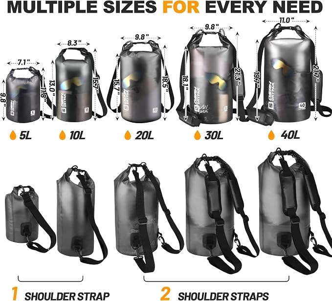 Waterproof Dry Bag, 5L/10L/20L/30L/40L Roll Top Lightweight Storage Backpack with Phone Case for Women & Men, Floating Waterproof Sack for Travel, Swimming, Kayaking, Paddle Board, Camping & Beach