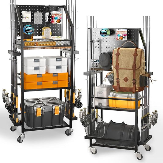 SOYEEZE Fishing Rod Holders for Garage, 3-Tier Fishing Pole Rack with Pegboard and Metal Mesh Fence, Fishing Gear Organizer with Hooks Up to 12 Rods, Rolling Fishing Storage Cart with Lockable Wheels