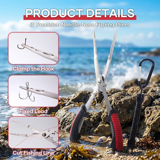 Saltwater Fishing Pliers - Stainless Steel Needle Nose Pliers, Hook Remover & Line Cutter with Non-Slip Handle, Fishing Tool for Freshwater & Saltwater