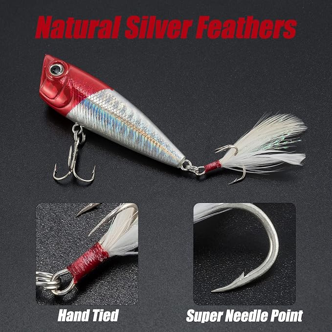 Alwonder 5-Pack Fishing Popper Lure, Fishing Top Water Lures Bass Lures Feathered Treble Hooks Rooster Tail Lure Plugs Hard Baits
