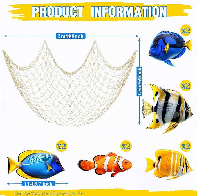 Silipull 11 pcs Tropical Fish Party Decorations Kit Fishing Net Cute Cardstock Photo Prop for Under The Sea Decor Birthday Sea Animal Indoor Outdoor Dessert Table Party Supply