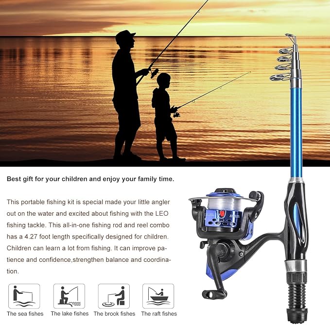 Leo Light Weight Kids Fishing Pole Telescopic Fishing Rod and Reel Combos with Full Kits Lure Case and Carry Bag for Youth Fishing and Beginner 130CM (Rod and Reel Combos with Full Kits and Carry Bag)