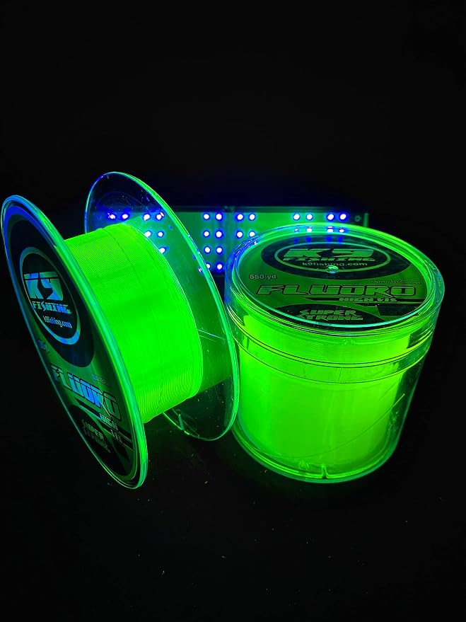 K9 Hi-Vis Fluoro Fishing Line — Ultra Low-Memory, Abrasion Resistant, Long-Casting — Glow Under Black Light, Chartreuse — Virtually Invisible Underwater — Great for Spinning Reels — 550 Yards, 6lb
