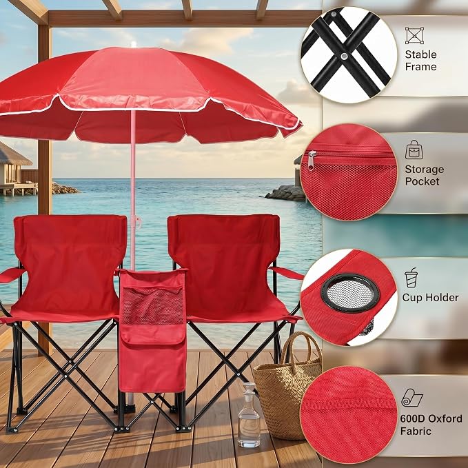 Portable Double Folding Picnic Chair with Removable Sun Umbrella and Cooler Bag, 2-Seat Outdoor Camping Chair with Cup Holders & Carrying Bag for Beach, Fishing, Patio, Red