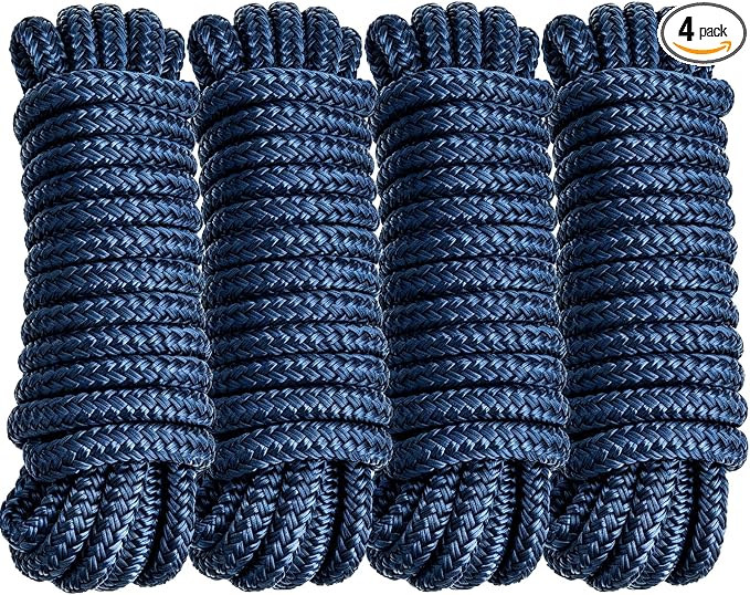 4 Pack 3/8" x 15’ Boat Dock Lines for Boat & Pontoon, Premium Marine- Grade Double Braided Nylon Dock Line, Pre-Spliced with a 12" Eyelet-Navy Blue,Boating Gifts for Men
