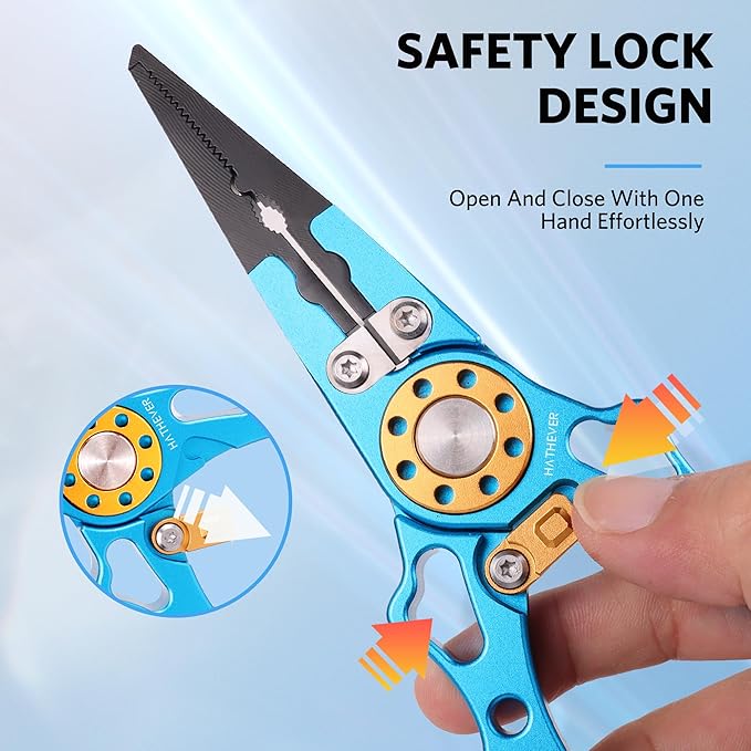 Fishing Pliers Saltwater, Split Ring Pliers Hook Remover with Safety Lock, Fishing Tools with Sheath and Lanyard, Fishing Gifts for Men