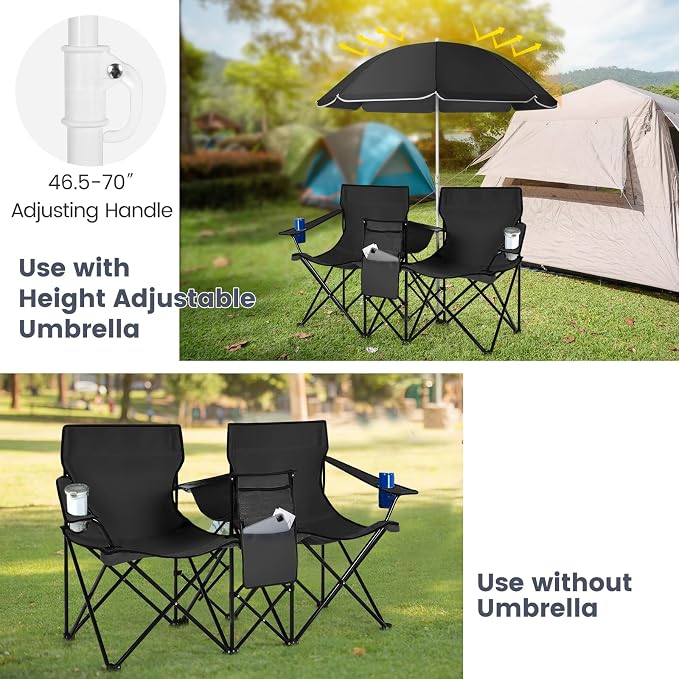 Tangkula Double Camping Chairs with Umbrella, Portable 2 Seat Folding Camp Chair with Cooler Bag, Beverage Holder, Carrying Bag, Foldable Lawn Chair for Outside, Fishing, Picnic, Beach
