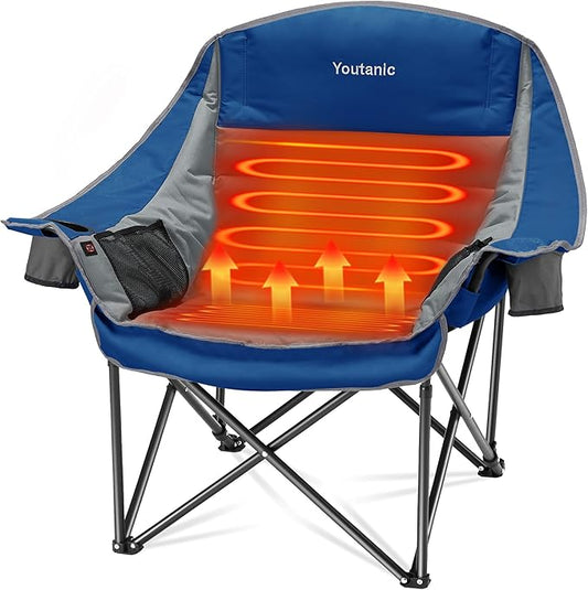 Youtanic Oversized Extra Large Heated Padded Camping Chair up to 500lbs, 3 Heat Levels Camp Chair with Carry Bag, Outdoor Heating Folding Chairs for Adults, Fishing, Sports, Picnic, Gray-Blue