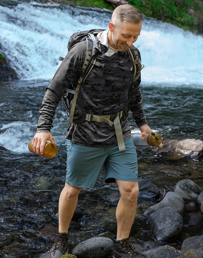 Pudolla Men's Sun Protection Hoodie Shirts UPF 50+ Rash Guard SPF Long Sleeve Fishing Shirt for Men Swim Hiking Boating
