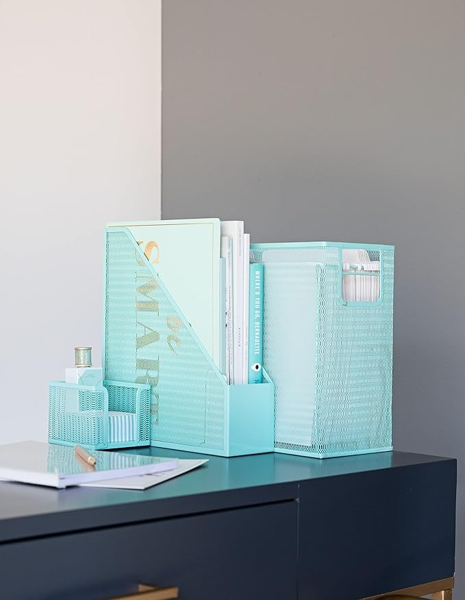 BLU MONACO Aqua Desk Organizer Set | 5-Piece Metal Office Supplies Set with Hanging File Organizer, Magazine Holder, Pen Cup, Sticky Note Holder & Letter Sorter | Cute Aqua Desk Accessories for Women