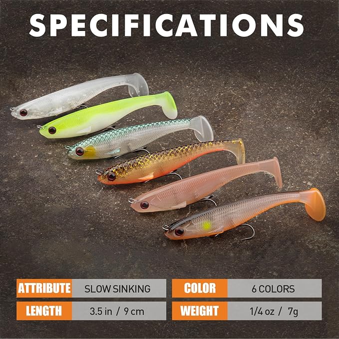 TRUSCEND Shadtale Easy Catch Soft Fishing Lures with BKK Hooks - Trembly Sinking and Vibrating Swim for More Bites, Pre-Rigged Swimbaits for Bass, Trout, Crappie, Walleye, Freshwater Saltwater Fishing