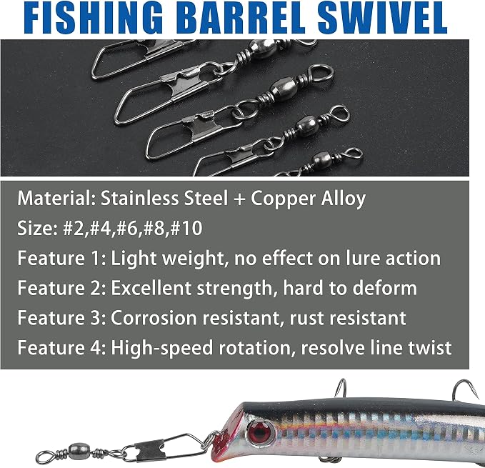 Barrel Swivel Snaps,50/100pcs Fishing Swivel Safety Snaps Stainless Steel Copper Swivel Fishing Multiple Size Black/Gold Fishing Swivel Snaps for Saltwater Freshwater