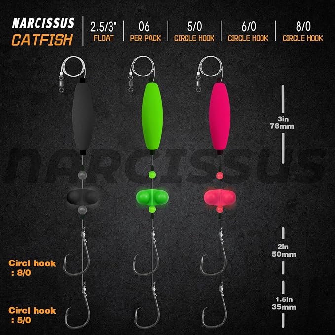 Narcissus Catfish Rigs Set – 6 Pre-Tied Rigs with 2 Sinker Sliders, Float Rigs Tackle, Santee Rig, Circle Hooks 6/0 – Complete & Ready-to-Use Kit