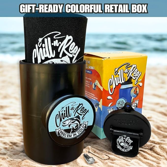 Made in USA | Fishing Can Cooler from Shark Tank | Hard Shell Drink Holder with Hand Line Reel | Fits Most Can Sleeves or Coozies | Unique Fishing Gift for Men | Retail Box Packaging | Black