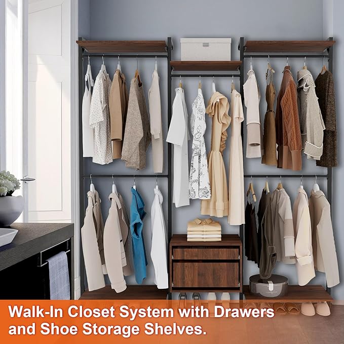 Wall-Mounted Steel & Wood Closet Organizer System with 4 Adjustable Shelves, 5 Hanging Rods, and 2 Drawers – Modern Open Wardrobe, Walnut