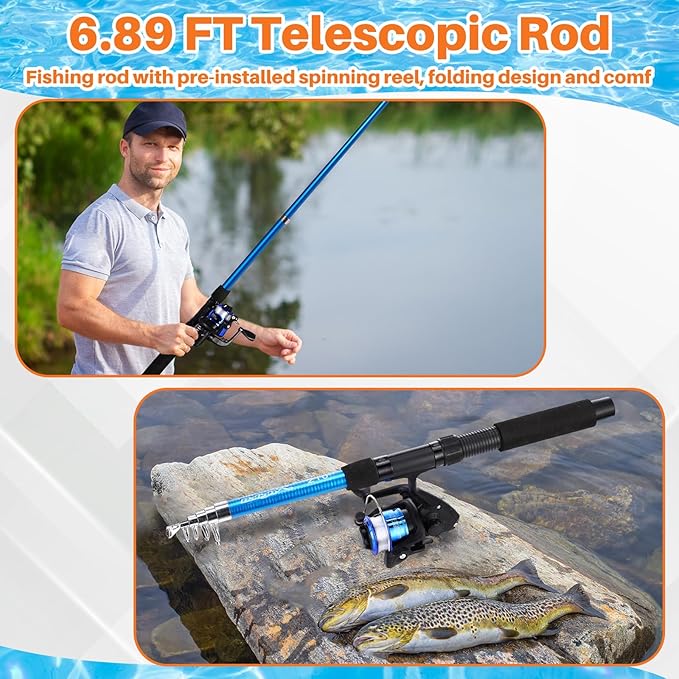 MiniInflat Telescopic Fishing Rod and Reel Combo, 6.89ft 2pcs Collapsible Rod with Plier Lip Gripper Lures Carrier Bag Pre-Loaded Spinning Reel Saltwater Freshwater Fishing Pole Kit