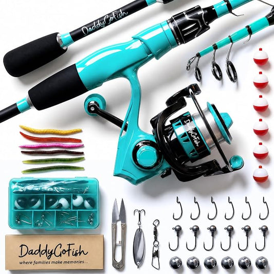 DaddyGoFish Spinning Fishing Rod and Reel Combo Set with Tackle Box | Kids Fishing Pole | Carbon Fiber Telescopic Fishing Rod Kit | Spinning Reel for Travel Saltwater Freshwater Fishing Gear Kit