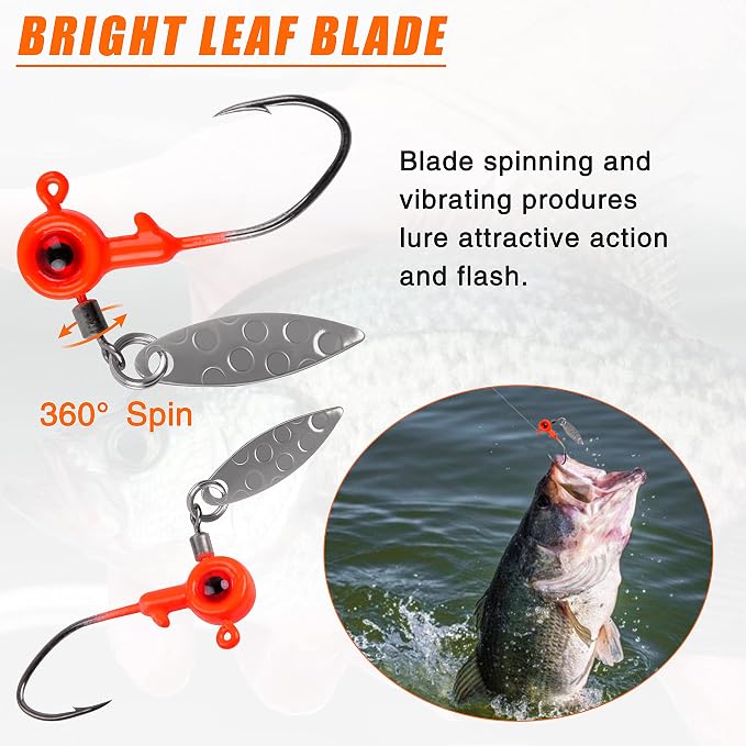 Crappie Jig Heads Fishing Lures Kit, 15pcs Underspin Jig Heads with Spinner Blade Crappie Lures Eye Ball Head Painted Fishing Jigs for Bass, Trout, Panfish, Sunfish