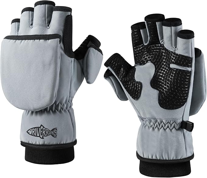 Riverruns Winter Fishing Gloves Convertible Mittens and Fingerless Gloves for Men Women, Ideal for Ice Fishing, Photography, Hunting, Outdoor Use