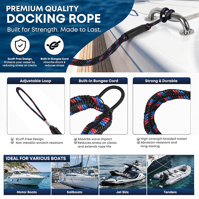 Boat Bungee Dock Lines, Scratch-Free Loop Ends Mooring Rope, Shock Absorbing Pontoon Tie Down Accessories Compatible with Models for Jet Ski（4ft-2 Pack-Red&Black&Blue）
